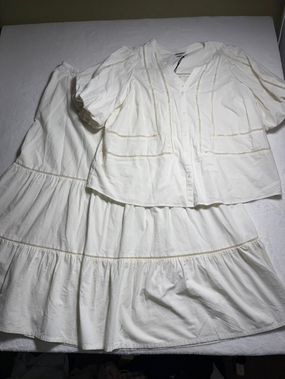 Cream Colored Two-Piece Cotton Skirt and Button-Up Top Set